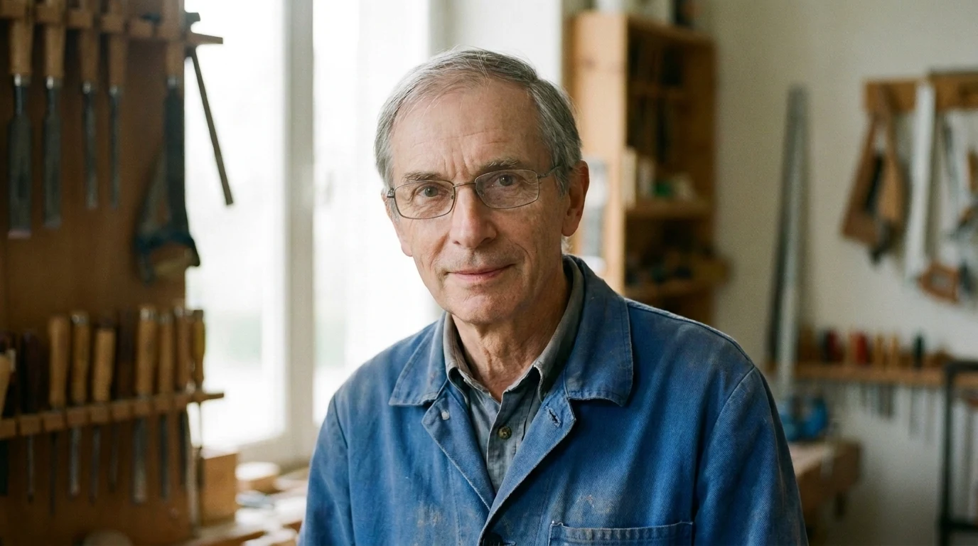 Le personnage de Gérard Hébert dans son atelier, en veste de travail bleue