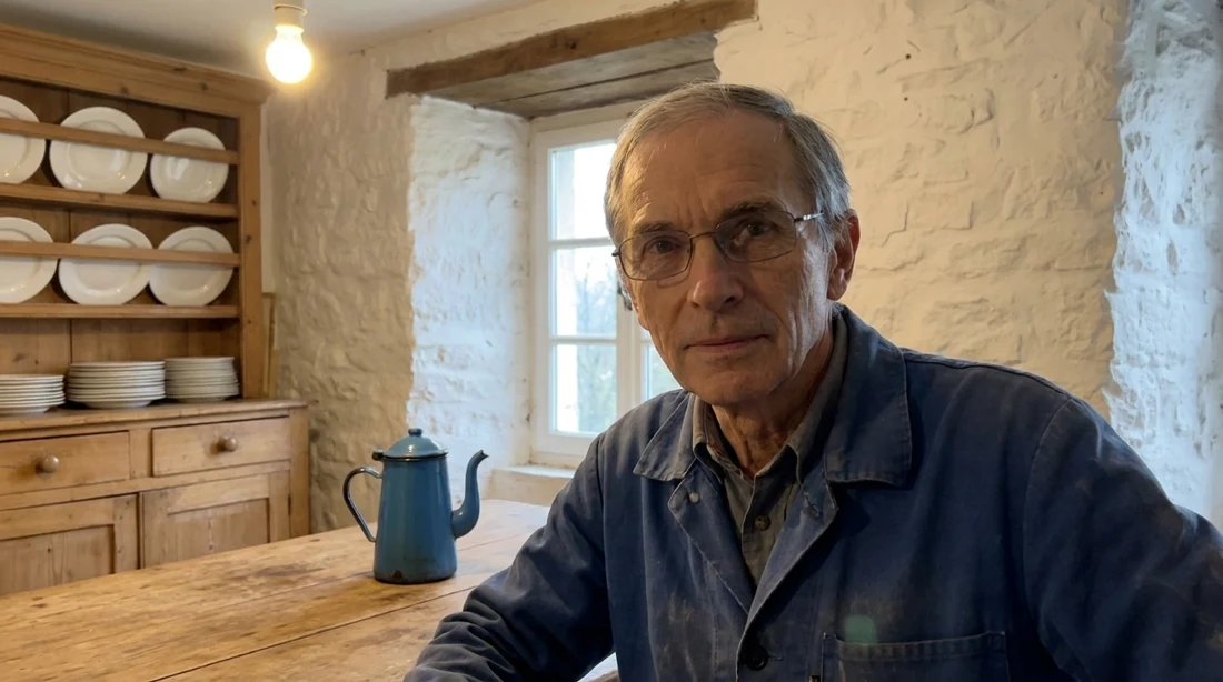 Gérard, personnage du carnet, assis à une table en bois dans une maison de campagne